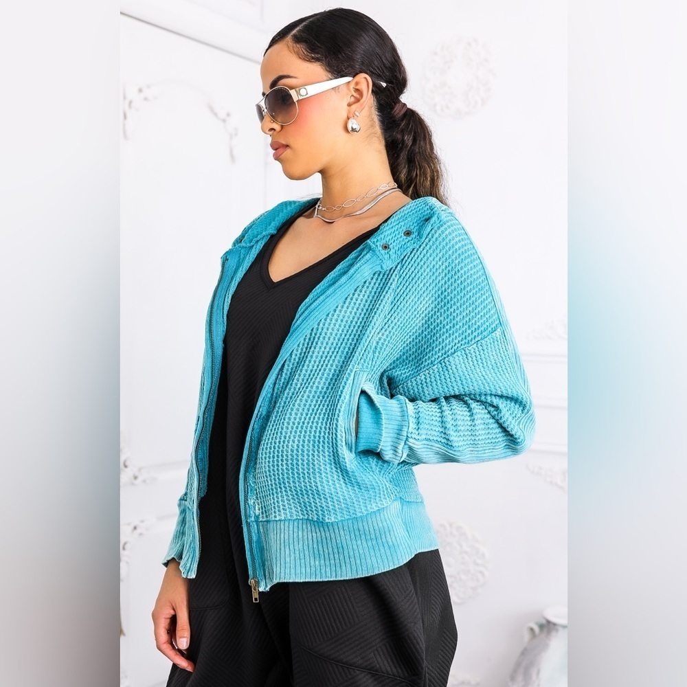 Teal Waffle Knit Zip-Up Hoodie - Picture 3 of 5